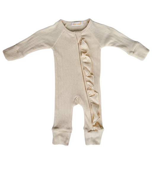 LITTLE & FERN Frill Zip Romper | Buttercream Pointelle
