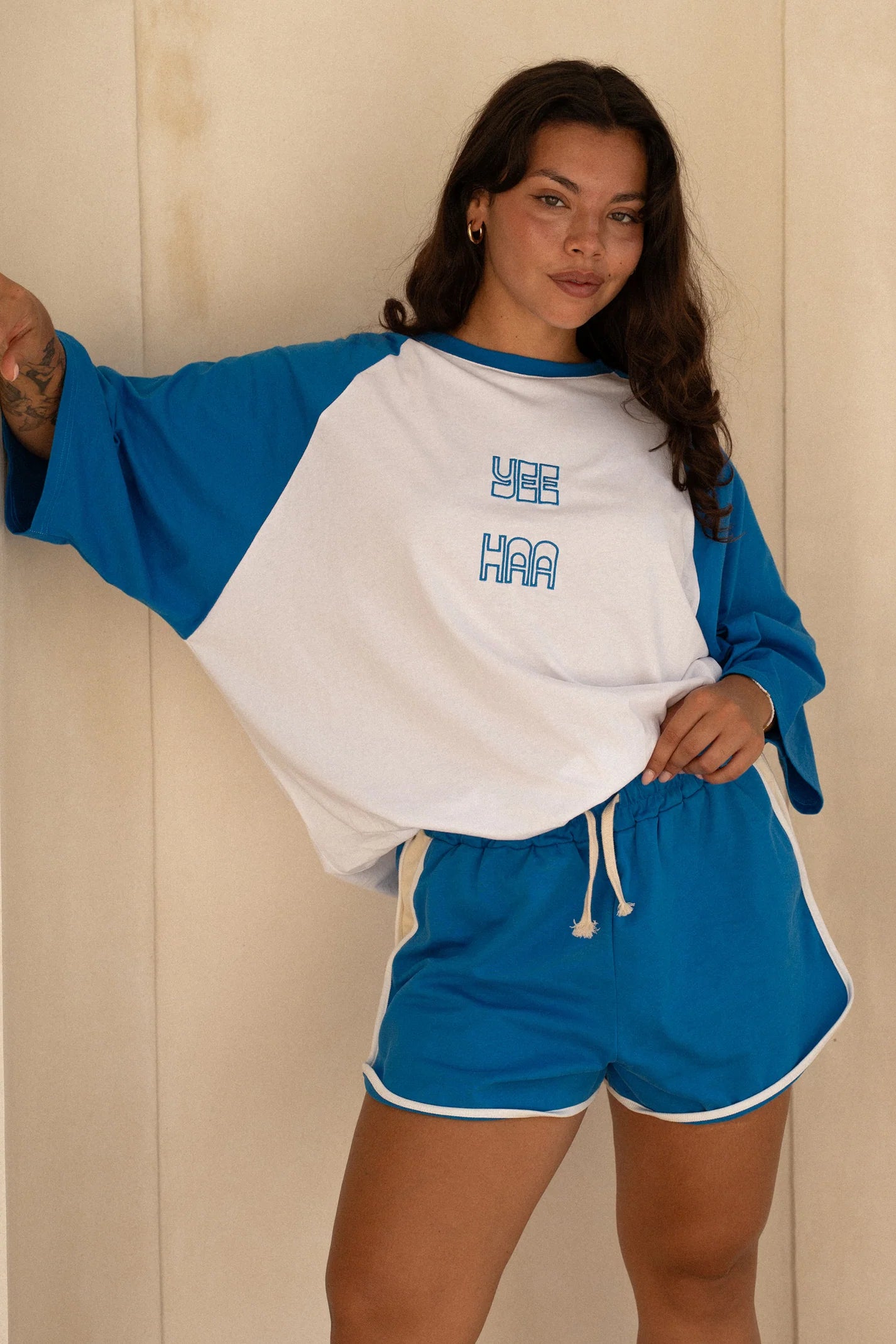 CRACKER DAY CLUB Yee Haa Raglan Tee | White & Blue