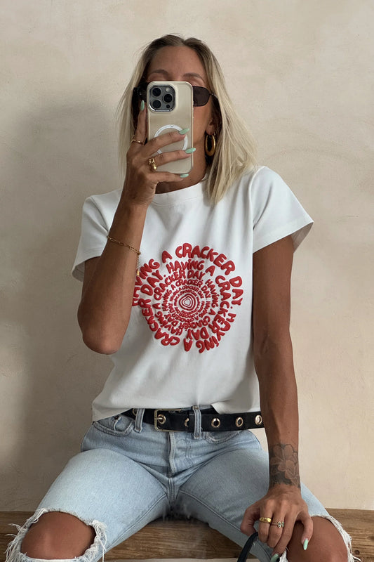 CRACKER DAY CLUB Spiral Baby Tee Shirt | White & Red